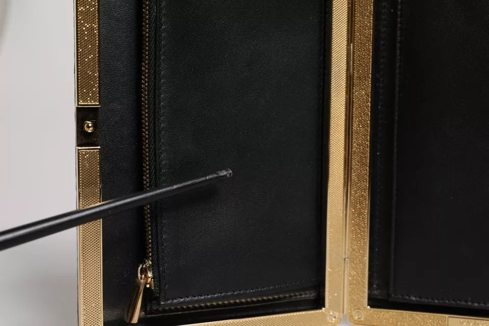 Dolce & Gabbana Siyah Deri Altın Çerçeveli Clutch Akşam Partisi Çantası